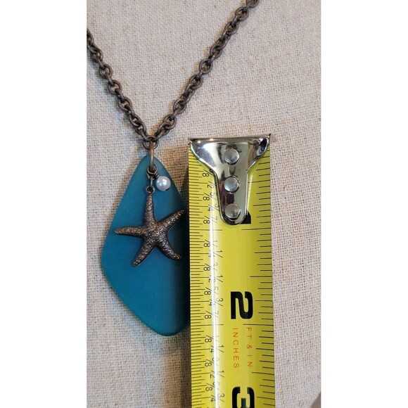 Large Deep Teal Sea Glass Starfish & Faux Pearl Pendant Necklace Ocean Jewelry - Picture 6 of 6